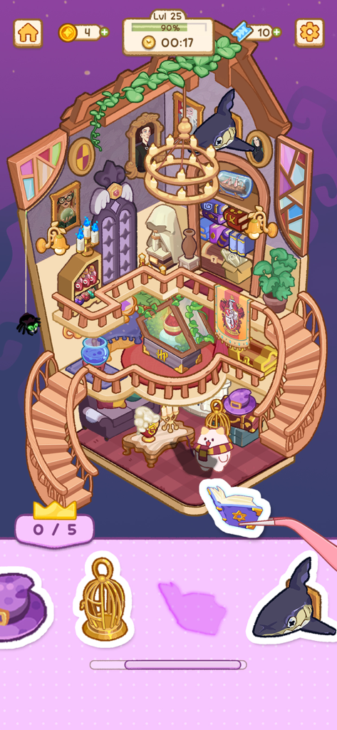 Charmies Land: Sticker Doodle - 魔法使いをテーマにした部屋とピンセットで置かれている魔法の本を示す、Charmies Landのステッカーパズルゲームプレイ