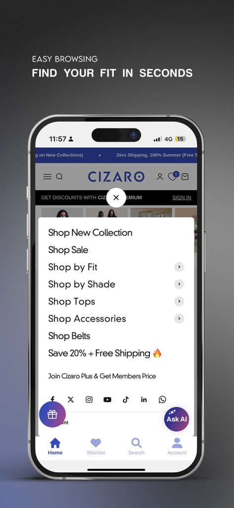 Cizaro Ägypten mobile Shopping-App-Menü mit Navigationskategorien für Damen-Denim-Mode