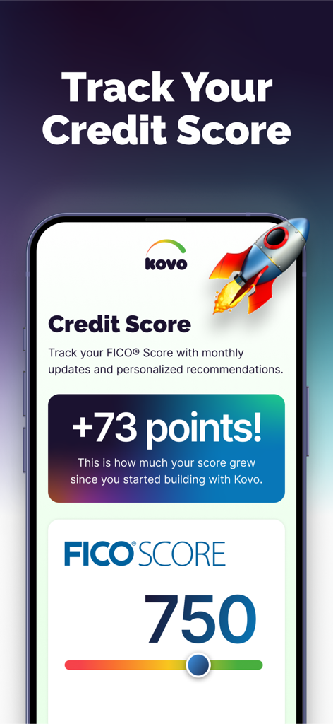 Kovo - Fast Credit Builder - Kovo mobile app interface showing a FICO score of 750 and a credit score increase of 73 points