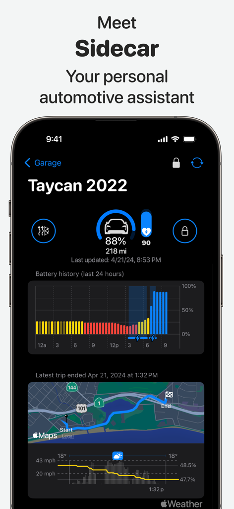 Sidecar app interface showing battery health and trip navigation for a Porsche Taycan