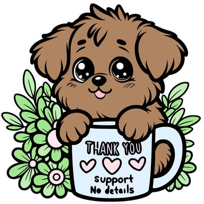 a really cute puppy holding a thank you for support mug with flowers everywhere