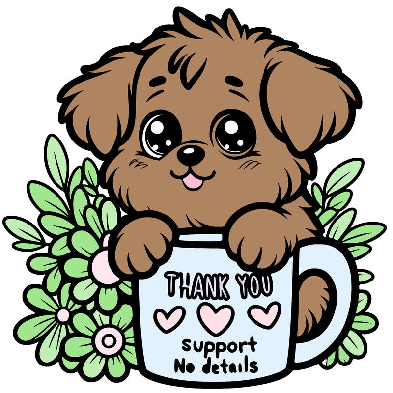 a really cute puppy holding a thank you for support mug with flowers everywhere