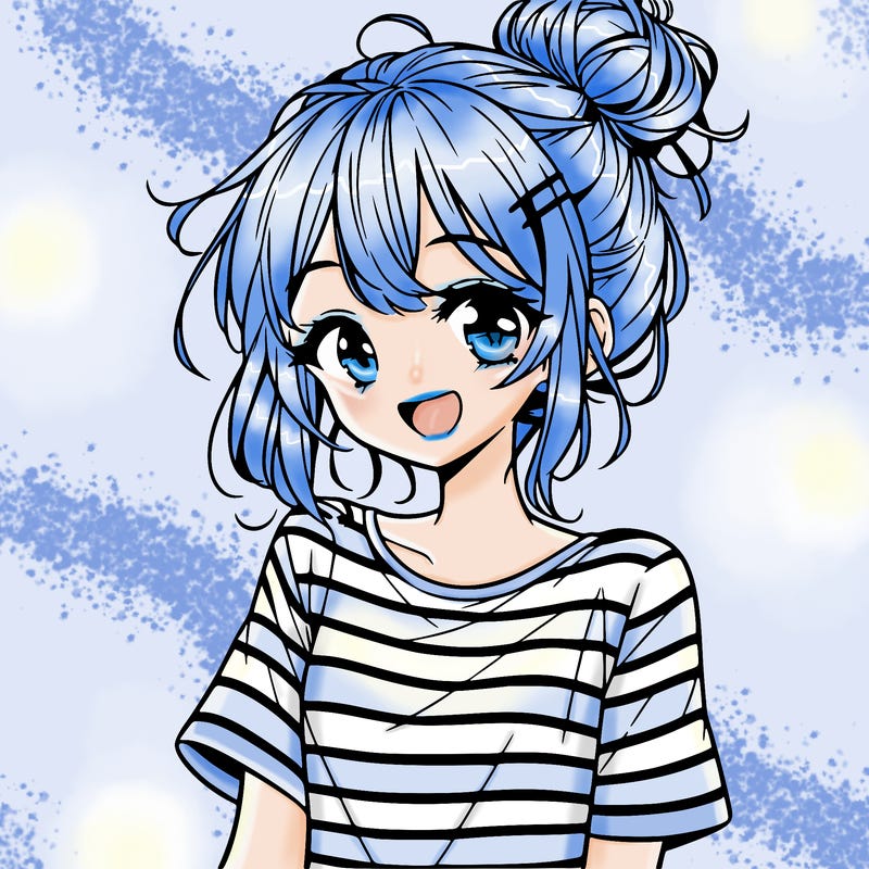 anime girl teenager striped shirt and smile and messy bun