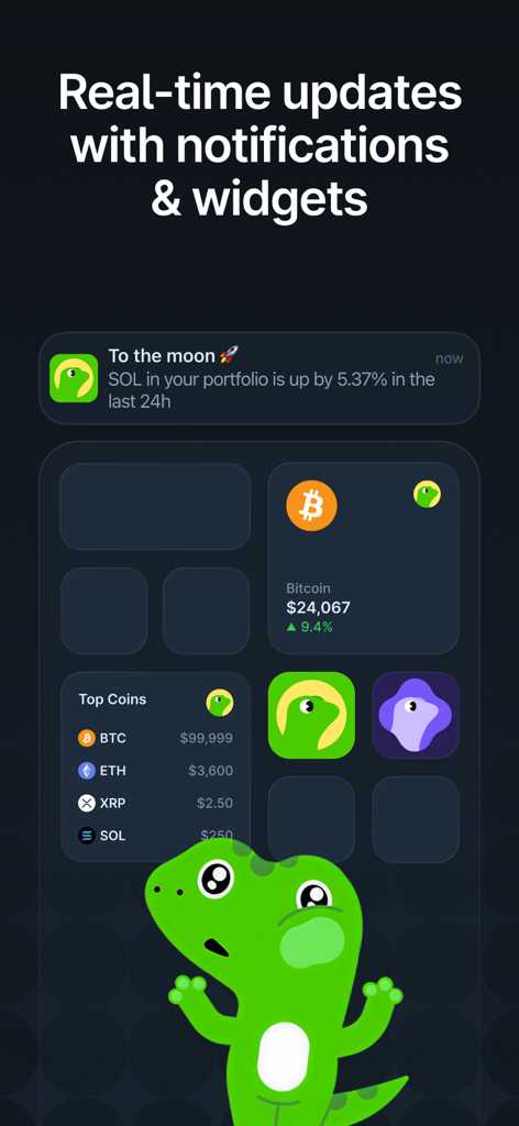 Interface de l'application mobile CoinGecko présentant des widgets de prix crypto en temps réel et des notifications push