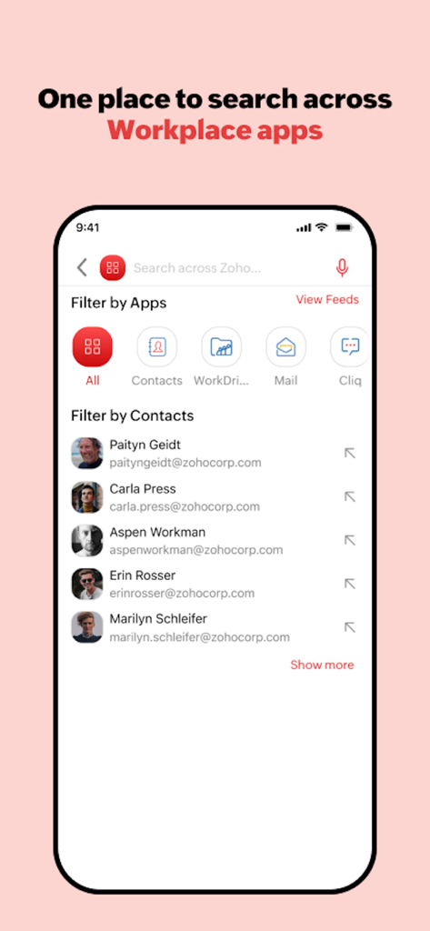 Zoho Workplace - Interfaz de la aplicación móvil Zoho Workplace que muestra la función de búsqueda unificada con filtros para aplicaciones y contactos