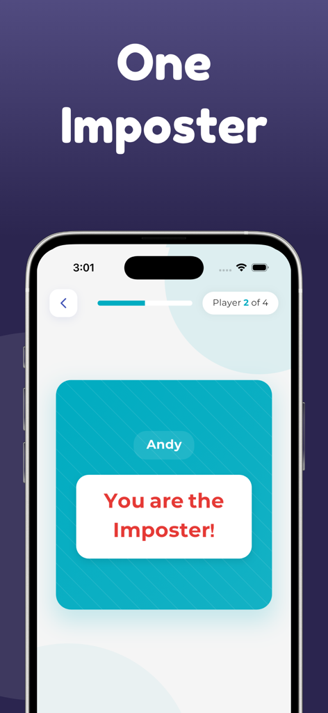 Imposter Game - Word Party - A mobile screen from the Imposter Game app showing a card that says You are the Imposter for a player named Andy.