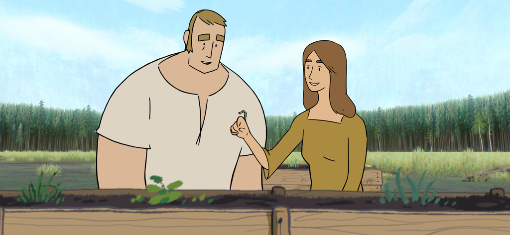 Pine: A Story of Loss - 木工職人と妻が庭で幸せな瞬間を共有している手描きのイラスト