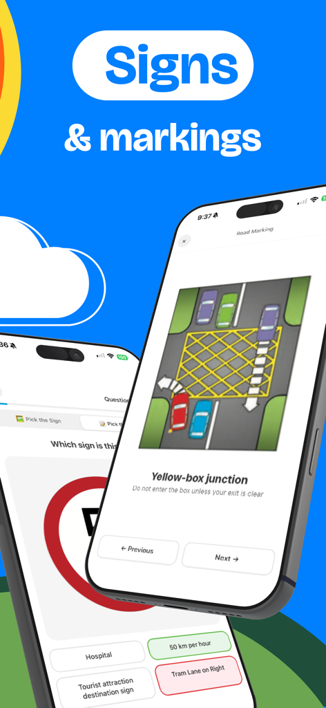 Mobile app interface for Irish Road Signs and Markings showing a yellow box junction tutorial and a road sign practice quiz.