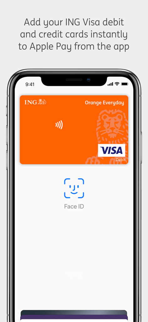 ING Australia app interface showing a Visa debit card and Face ID prompt for Apple Pay integration.