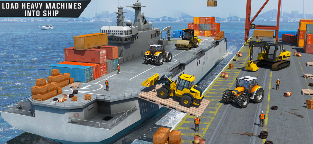 Ship Simulator Cruise Driving - Loading heavy construction machines onto a cargo ship in a harbor simulator