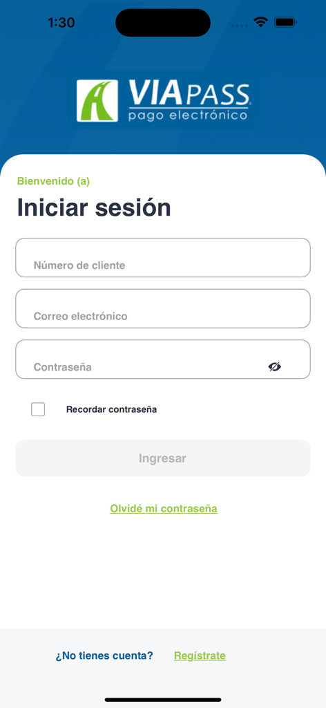Viapass Telepeaje - Login screen for the Viapass Telepeaje app with fields for customer number and email