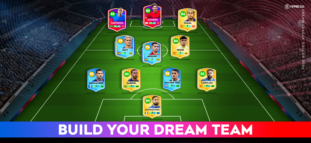 Eine Fußballmannschaftsaufstellung in Dream League Soccer 2026 mit Profispielern