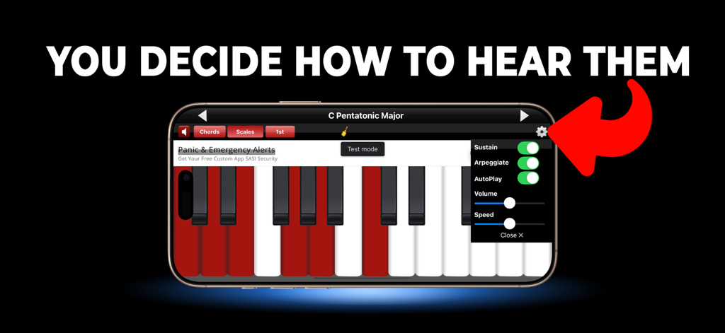 Piano Chords and Scales Lite app interface showing customizable playback settings for speed, volume, and arpeggio.