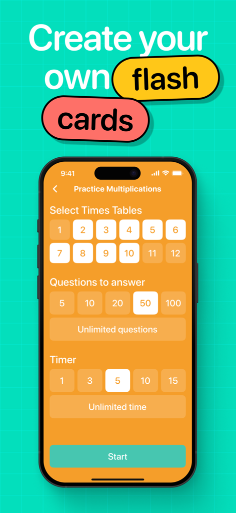Customizable multiplication practice settings screen showing options for times tables questions and timer