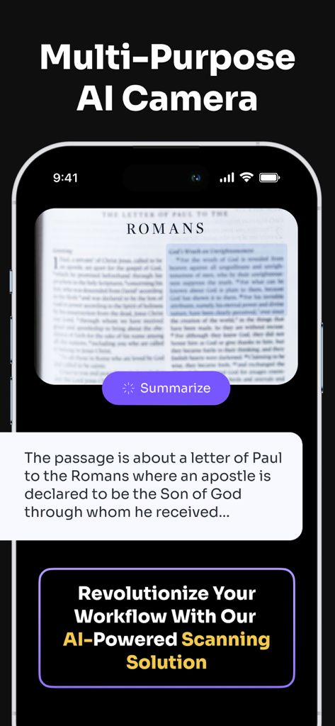 ChatAssist App nutzt ihre KI-Kamerafunktion, um eine Buchseite zu scannen und eine Textzusammenfassung zu erstellen