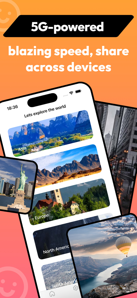 Interfaz de la aplicación Roami eSIM destacando conectividad 5G de alta velocidad y destinos de viajes globales como Asia y Europa