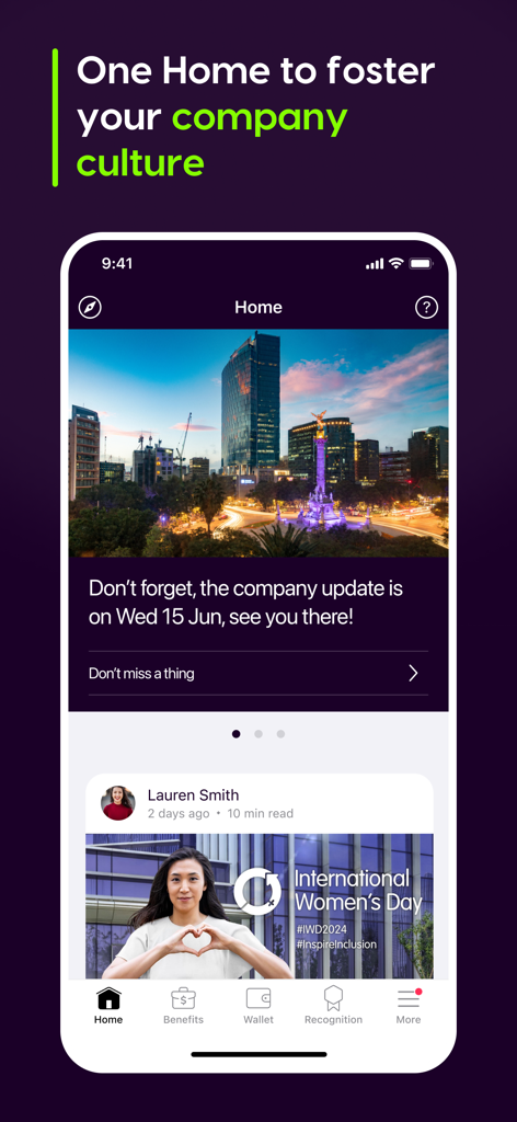 OneHub | Mobile - OneHub Mobile app home screen displaying company updates and cultural posts