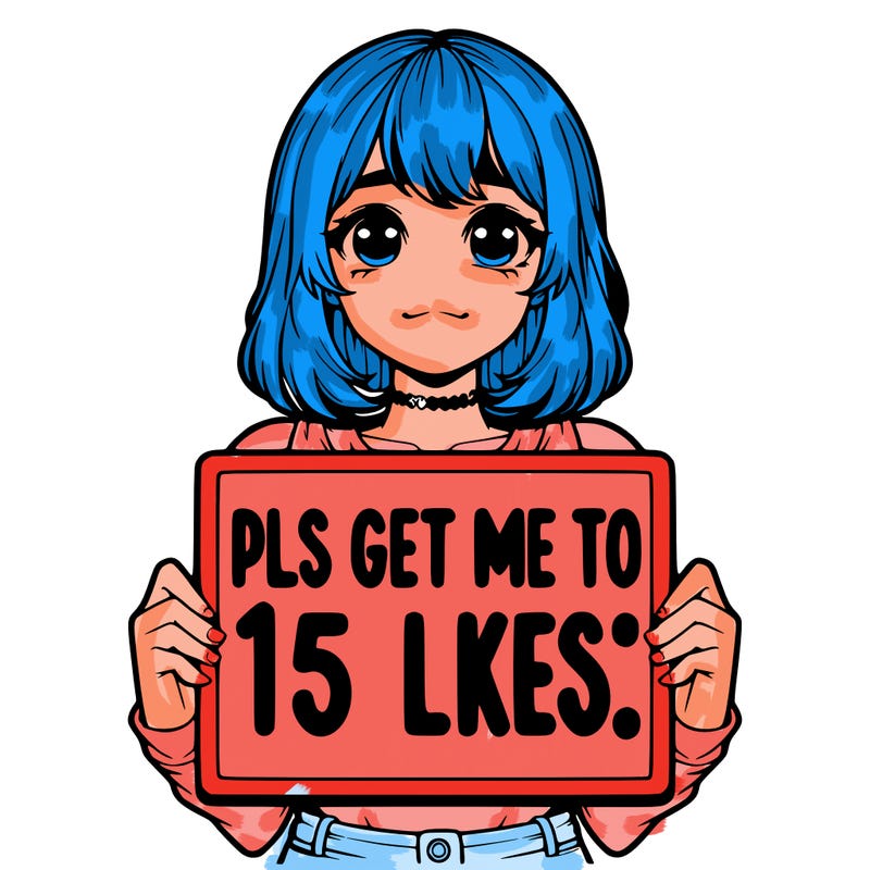 realistic girl holding up a sign that says “pls get me to 15 likes!”