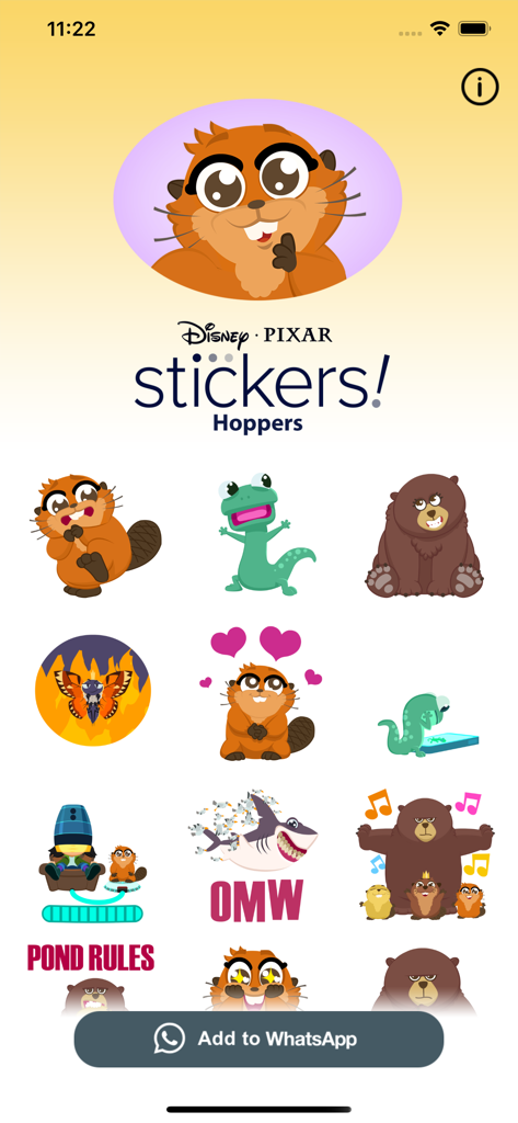 Pixar's Hoppers Stickers - Una vista previa del paquete de stickers de Pixar Hoppers con varios personajes animados de animales como Mabel la castor y Tom el lagarto en poses expresivas.