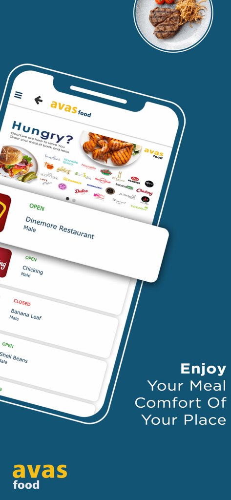 AVAS Food mobile app screen showing restaurant listings and meal options in Male