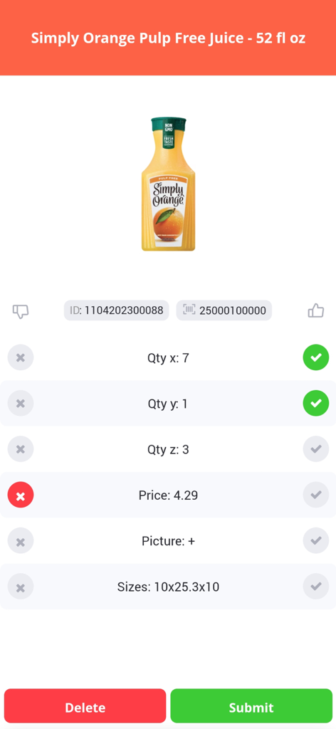 ABM Shelf app interface displaying product inventory details for Simply Orange juice including quantity price and size