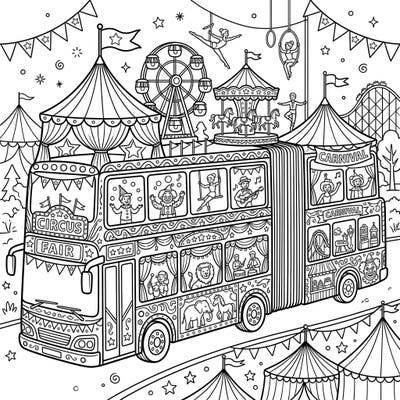 Embark on an extraordinary coloring journey with this unique articulated bus, transformed into a vibrant carnival on wheels. This intricate design features all the excitement of a circus, ready for your creative touch.