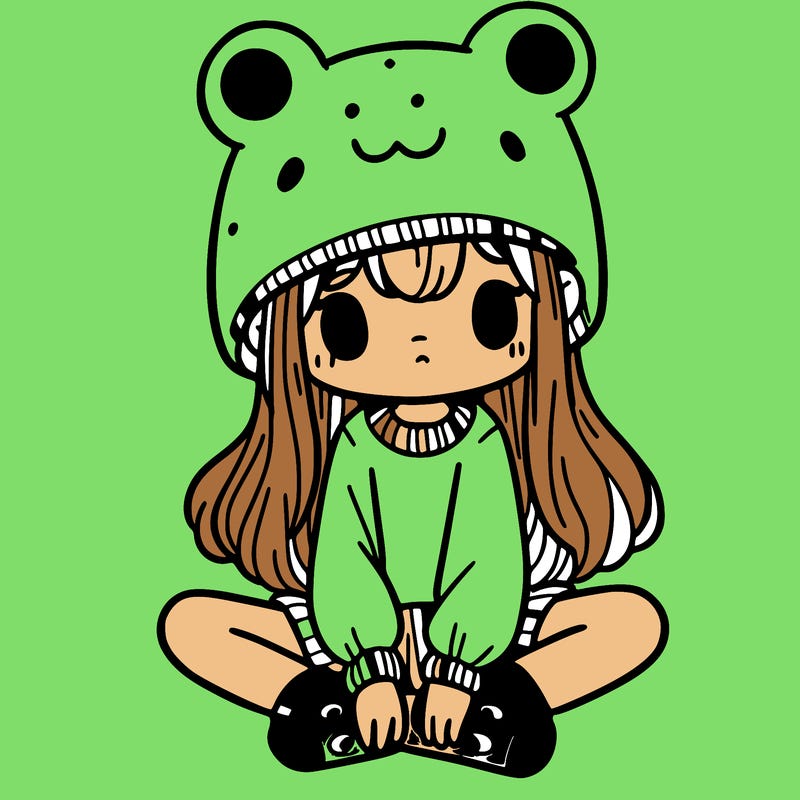 a girl wearing a frog hat and some frog socks