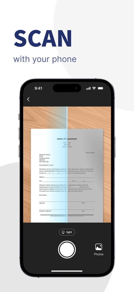 Converter Files & PDF Editor - Interfaz de smartphone escaneando una carta de acuerdo en papel para crear un documento PDF digital