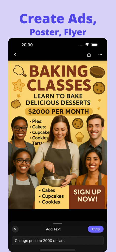 Mobile App-Oberfläche von Graphiq, die einen KI-generierten Flyer für einen Backkurs zeigt, der mit einem Text-Prompt bearbeitet wird
