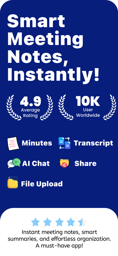 MinuteWise: AI Note Taker - MinuteWise AI Note Taker promotional screen showing smart meeting notes features and user ratings