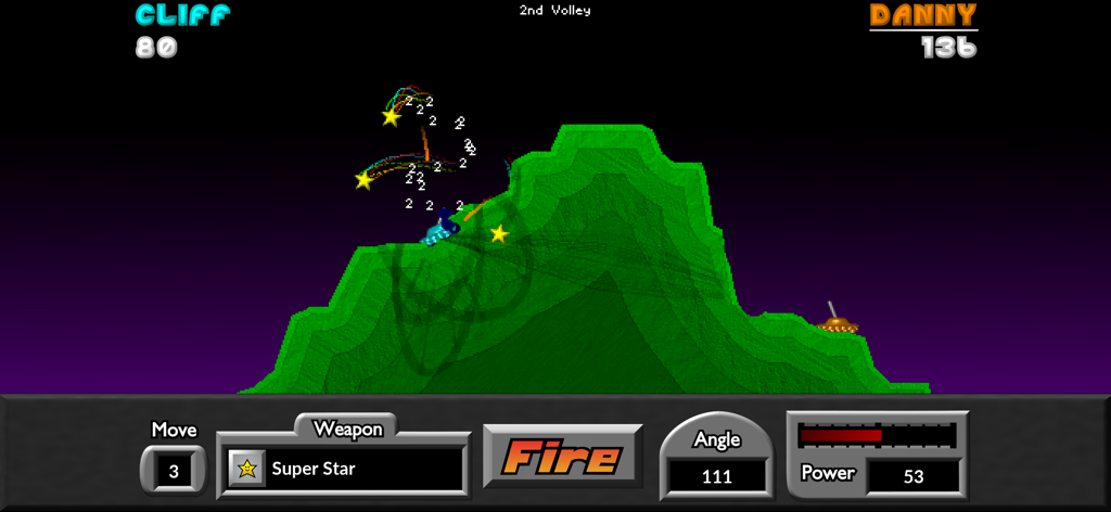 Pocket Tanks - Ein 1 gegen 1 Artillerie-Match in Pocket Tanks, das zwei Panzer auf einem grünen Hügel mit Waffeneffekten in der Luft zeigt.