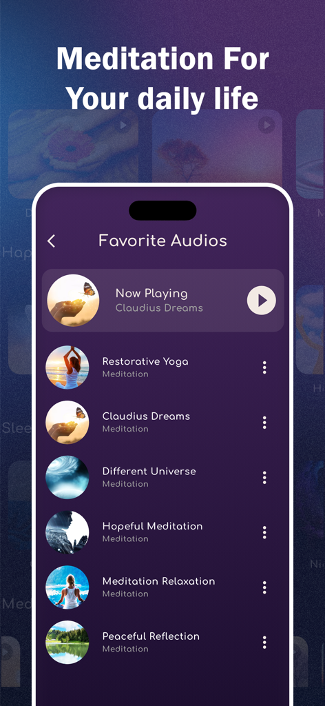 Meditation - Relax & Sleep - A mobile app screen showing a list of favorite meditation and yoga audio sessions with thumbnails