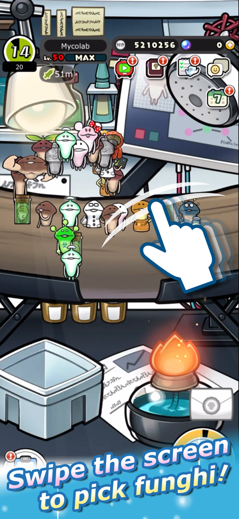 Everyone's Mushroom Garden - Captura de pantalla del juego móvil que muestra un ícono de mano deslizando para cosechar adorables hongos en El Jardín de Hongos de Todos