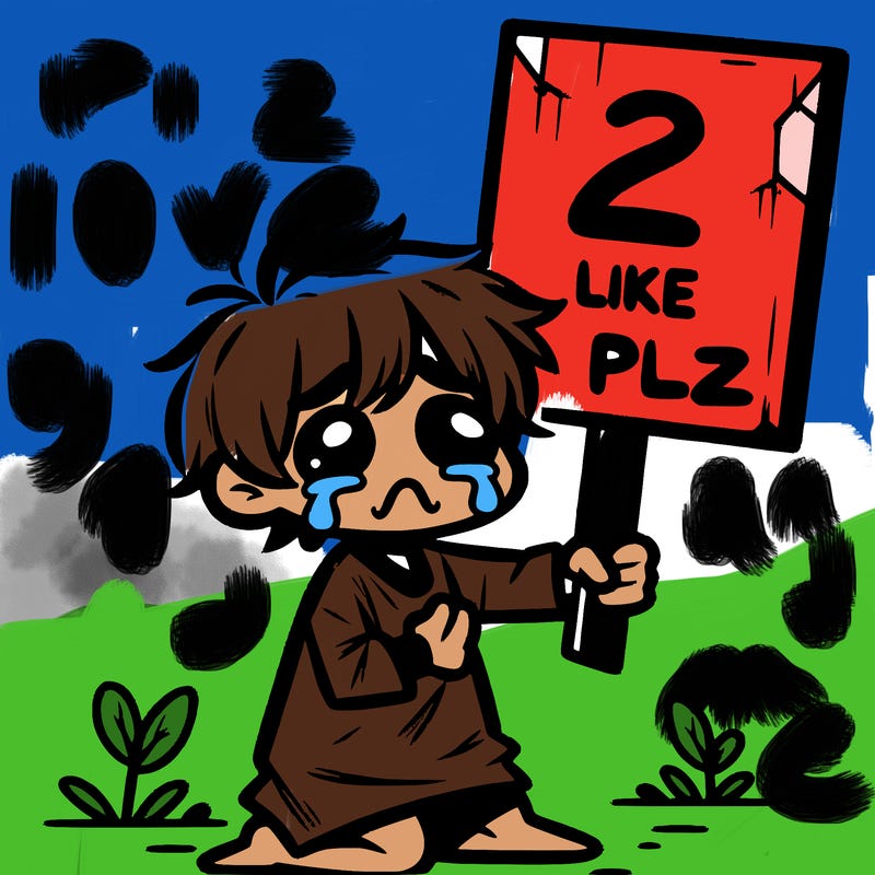 small poor toddler crying with sign that says 2 like plz