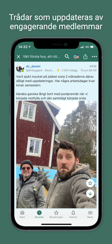 Byggahus.se - Captura de pantalla de la aplicación Byggahus que muestra una publicación de foro comunitario sobre un proyecto de renovación del hogar