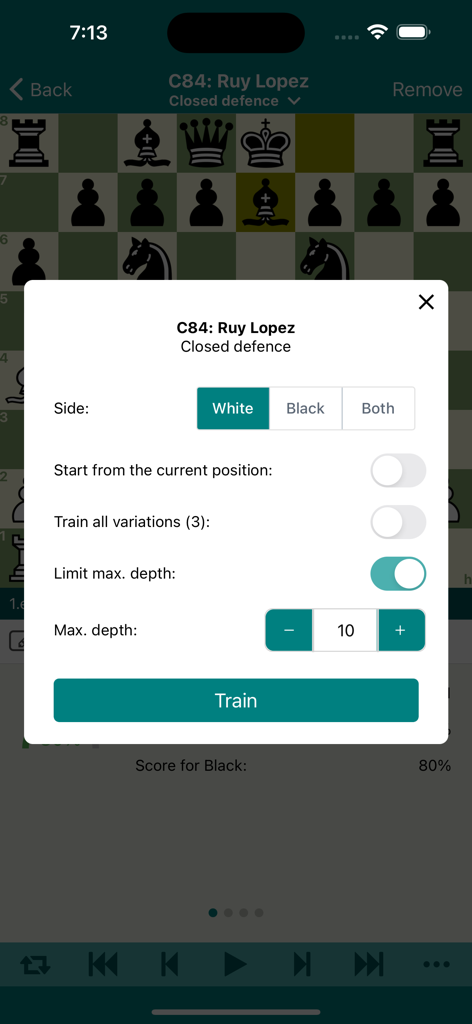 Chess Opener Lite - Settings for the chess opening trainer showing options for the Ruy Lopez Closed Defense.
