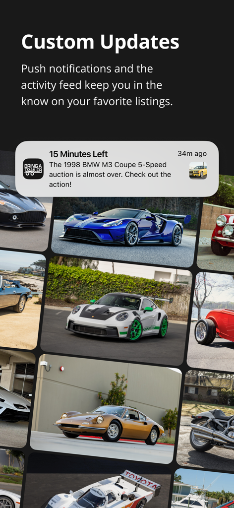 Bring a Trailer Auctions - Schermata dell'app Bring a Trailer che mostra notifiche d'asta personalizzate e una griglia di auto d'epoca