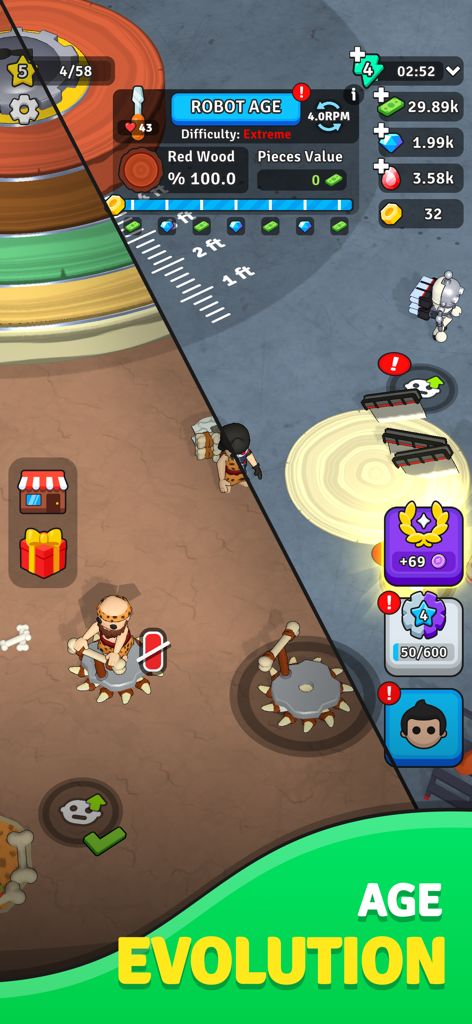 Carve Quest - Split screen comparing Stone Age and Robot Age gameplay in Carve Quest