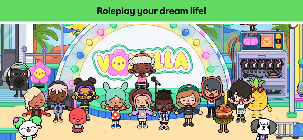 A diverse group of cartoon characters on a stage with the text Roleplay your dream life