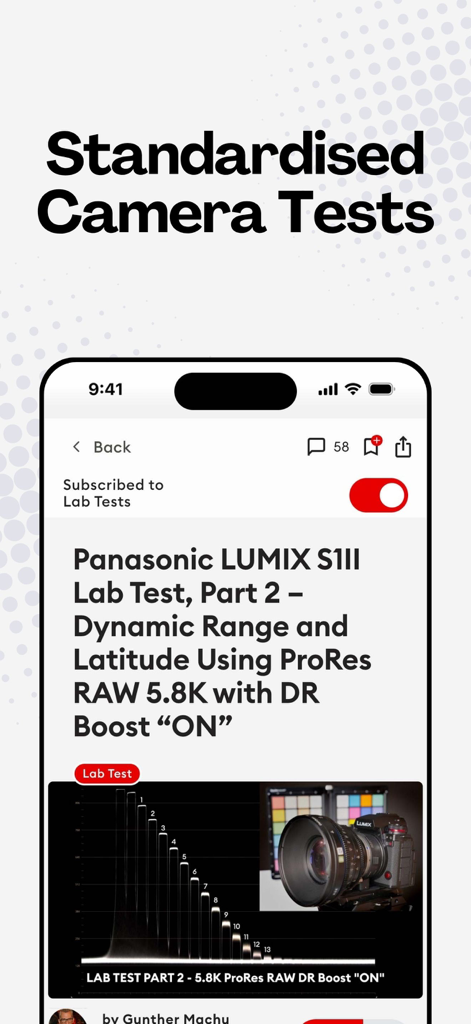 A screenshot of the CineD app showing a standardized camera lab test article with dynamic range analysis for professional filmmaking gear.