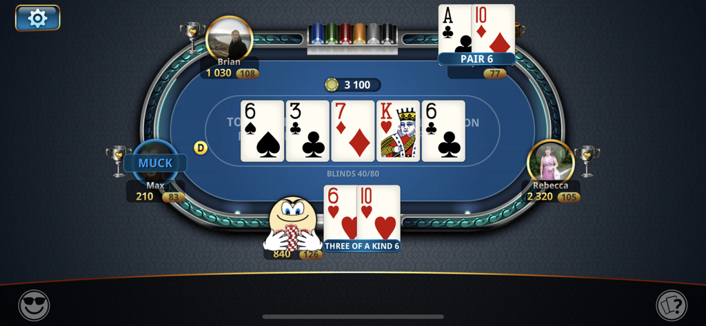Poker Championship online - A player with three of a kind during a match in the Poker Championship online app.