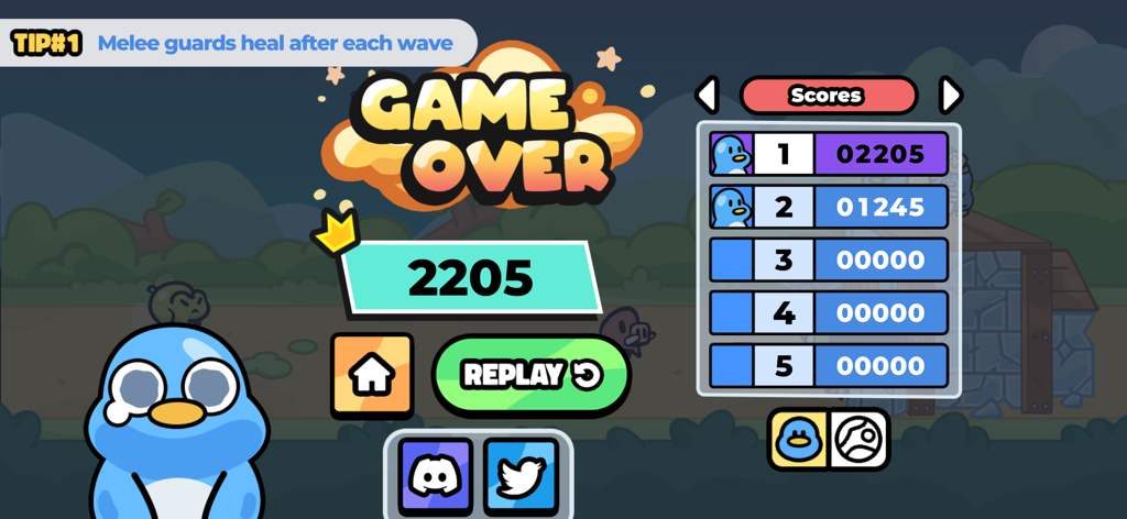Waddle Wars: Roguelike Defense - Pantalla de fin de juego en Waddle Wars con un pingüino héroe triste y la tabla de puntuaciones locales