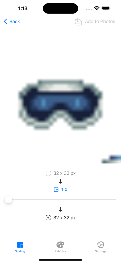 Pixel Companion for Procreate - Oberfläche der Pixel Companion App, die das verlustfreie Skalierungswerkzeug für einen 32-Pixel-Sprite zeigt