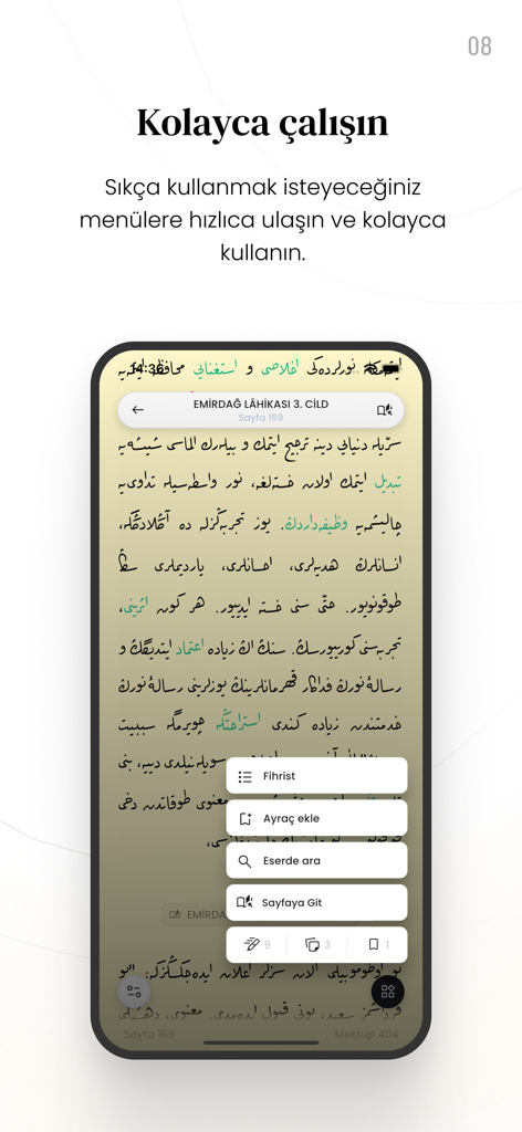 Hayrat Risale-i Nur - Captura de pantalla de la aplicación Hayrat Risale-i Nur con texto turco otomano y un menú de navegación rápida para índice y marcadores.