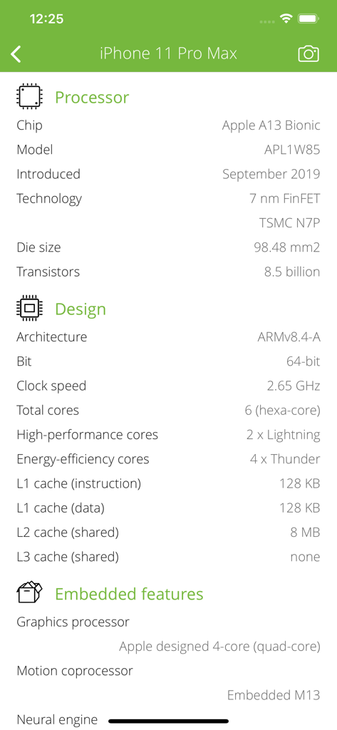 Torrent Detector - Technical hardware and processor specifications for an iPhone 11 Pro Max displayed within the Torrent Detector app
