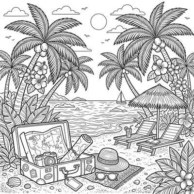 Unpack your creativity and drift away to a sun-drenched shore with this delightful tropical beach vacation coloring page. It's the perfect escape to unwind and add your personal touch to a serene seaside getaway.