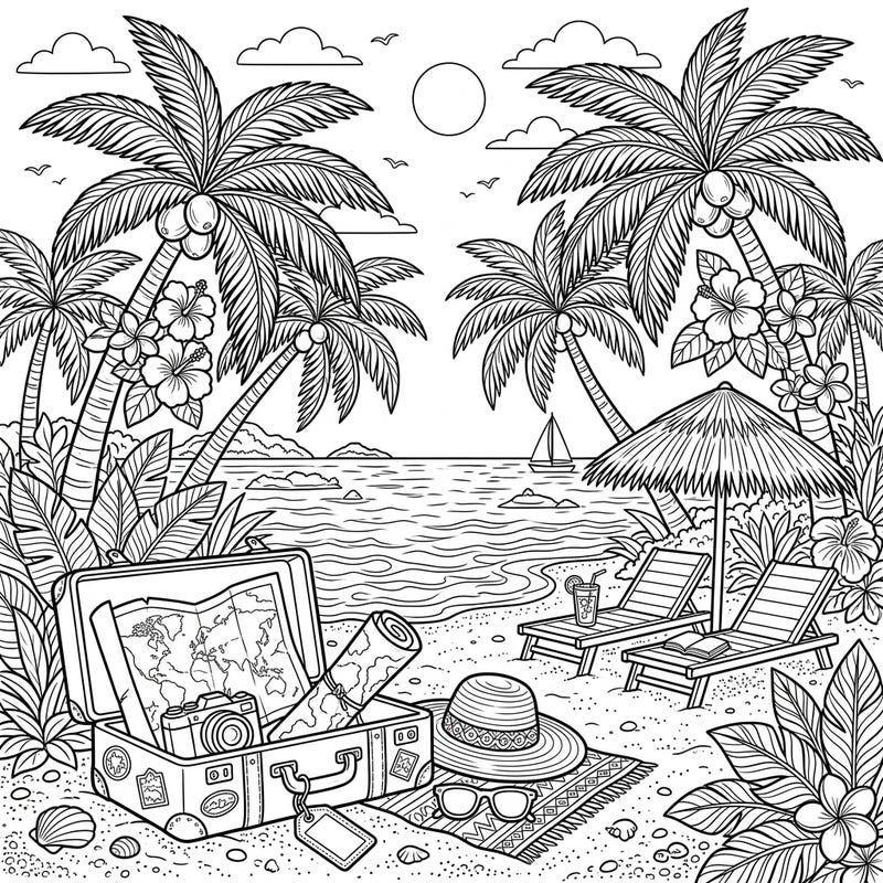 Unpack your creativity and drift away to a sun-drenched shore with this delightful tropical beach vacation coloring page. It's the perfect escape to unwind and add your personal touch to a serene seaside getaway.