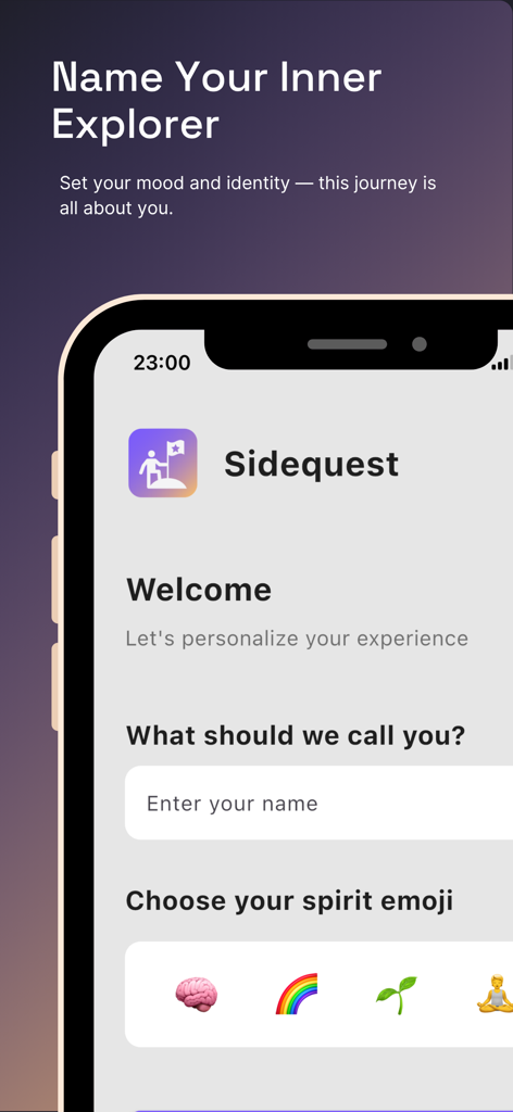Sidequest Daily - Pantalla de incorporación de la aplicación Sidequest para la entrada del nombre de usuario y la selección del emoji del espíritu