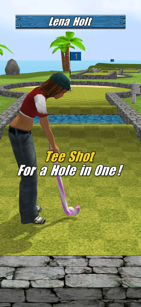 Un personaje realiza un tiro de salida en un campo de minigolf tropical en My Golf 3D.