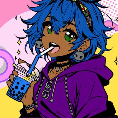 hot baddie anime girl drinking boba and biting the straw